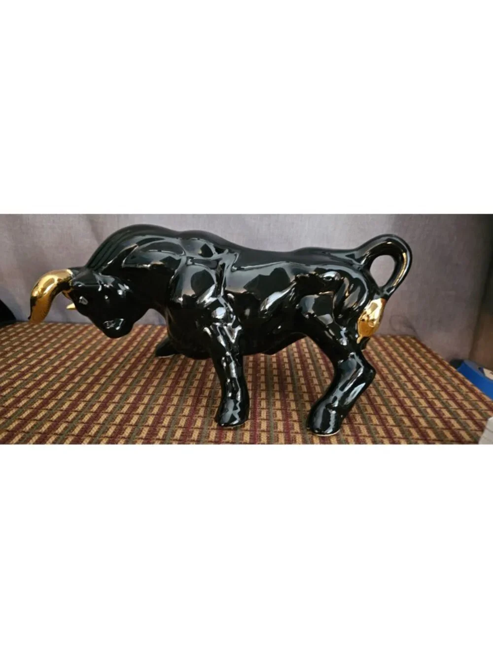 Glossy Black Ceramic Bull Figurine With Gold Horns & Accents - 6